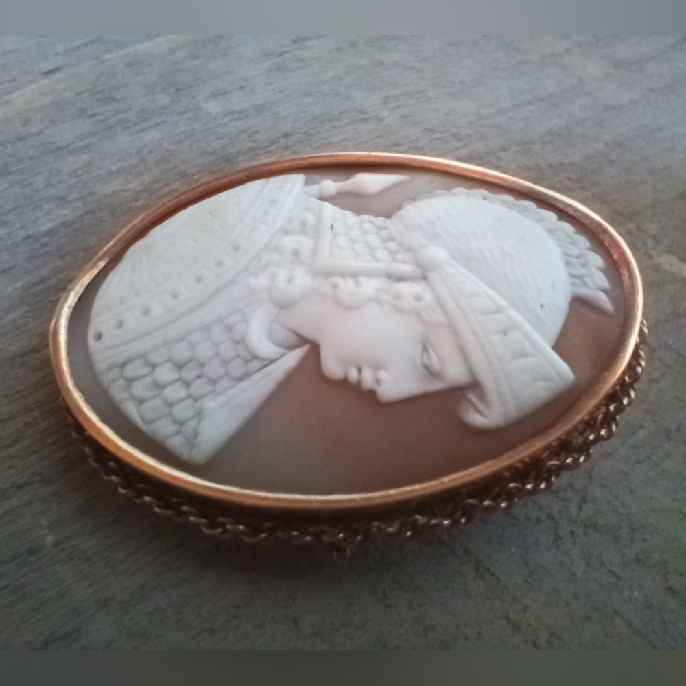 Antique Victorian Carved Shell Cameo 14K Rose Gold Brooch Roman Greek Warrior - Picture 3 of 16